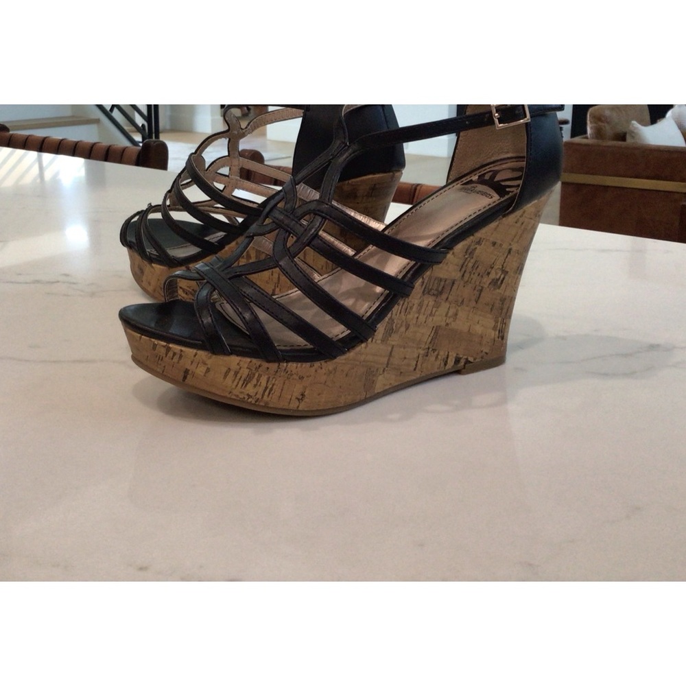 Fergalicious by Fergie Black Platform Sandals with Cork Heels, Size 6
